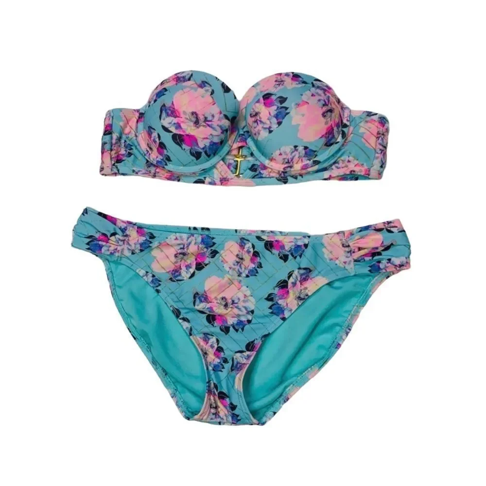 O'Rageous Blue & Pink Floral Strapless Bikini - Medium (Top), Large (Bottom)